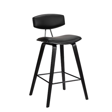 Armen Living Fox 25.5" Counter Height Black Faux Leather and Black Wood Mid-Century Modern Bar Stool LCFOBABLBL26